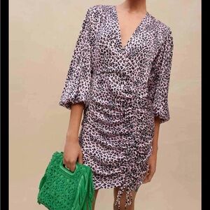 Maje Draped Drawstring Leopard Print Satin Dress Sz 42 XL Purple NEW NWT